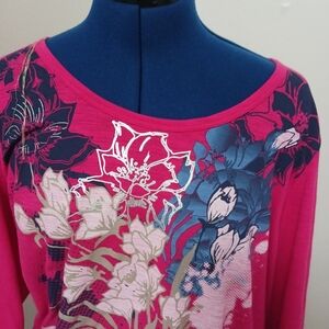 White Stag Shirt Top Sz Y2k XXL (20) Pink Flowers Garden Cotton Rhinestones